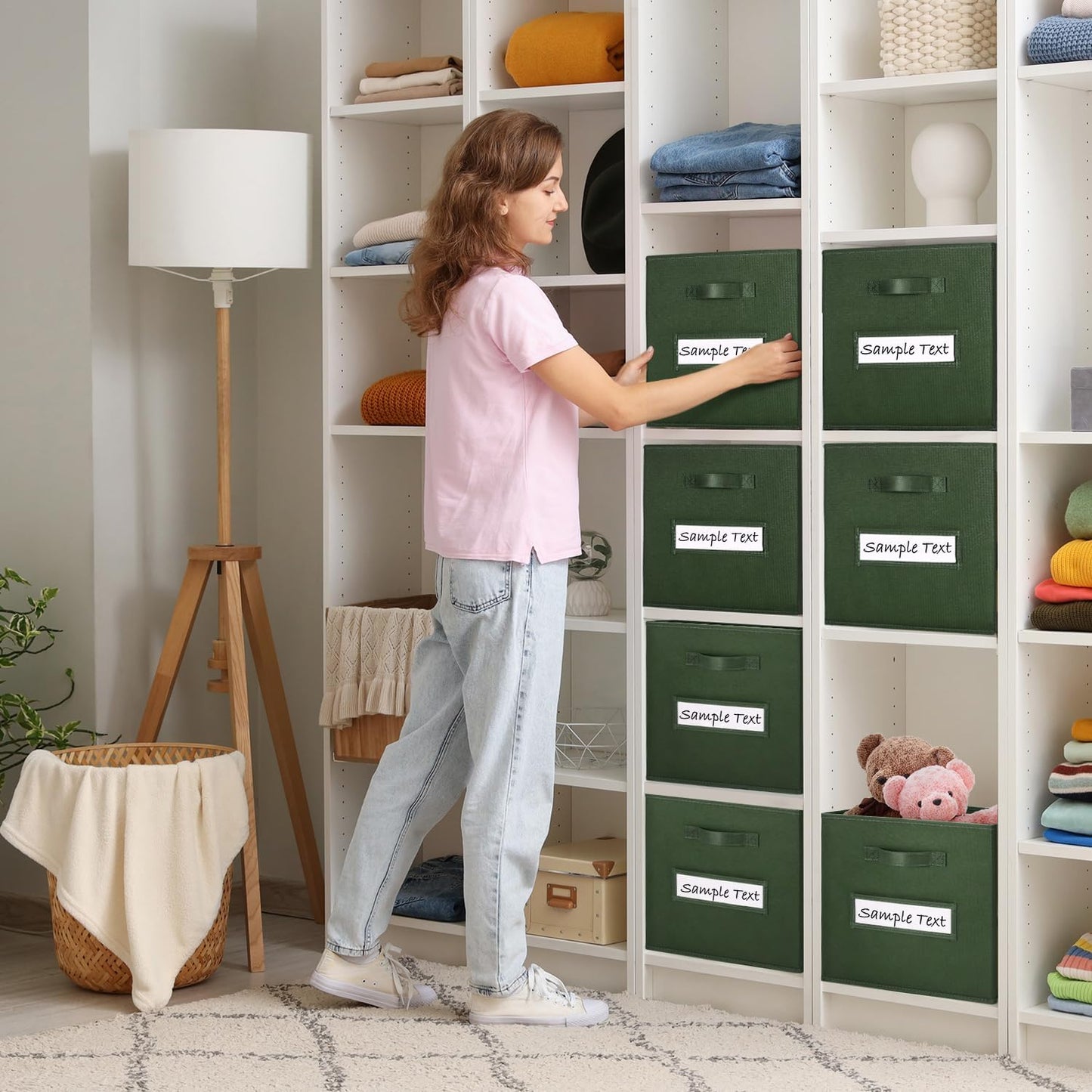 13x13x13 storage cube bins (Set of 10) Fabric storage cubes with 10 Labels Window Cards & a Pen, storage cubes 13x13, Collapsible 13 inch cube storage bins, Cubby Organizer Boxes, Dark Green