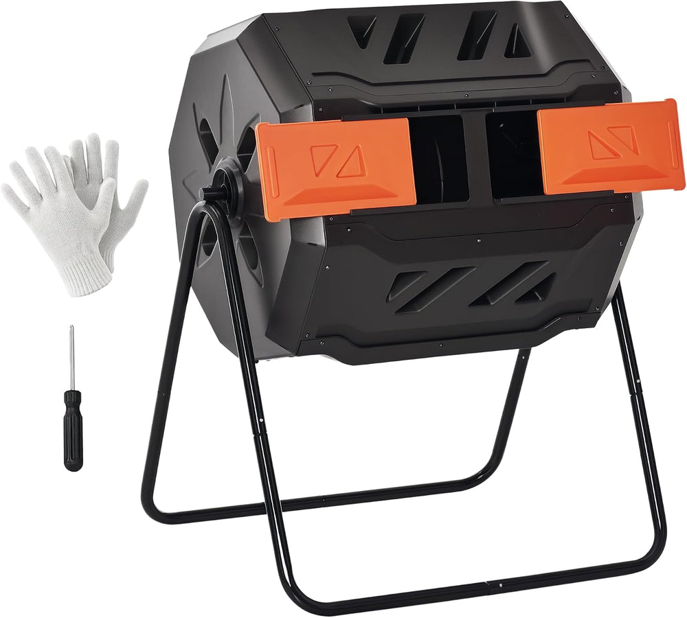 Outsunny Tumbling Compost Bin 360° Dual Chamber 43 Gallon, Orange