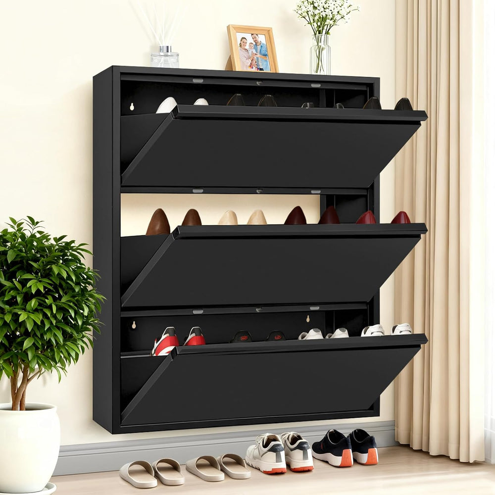 Shoe Storage Cabinet with 3 Flip Drawers, Hidden Slim Narrow Shoe Rack Cabine...