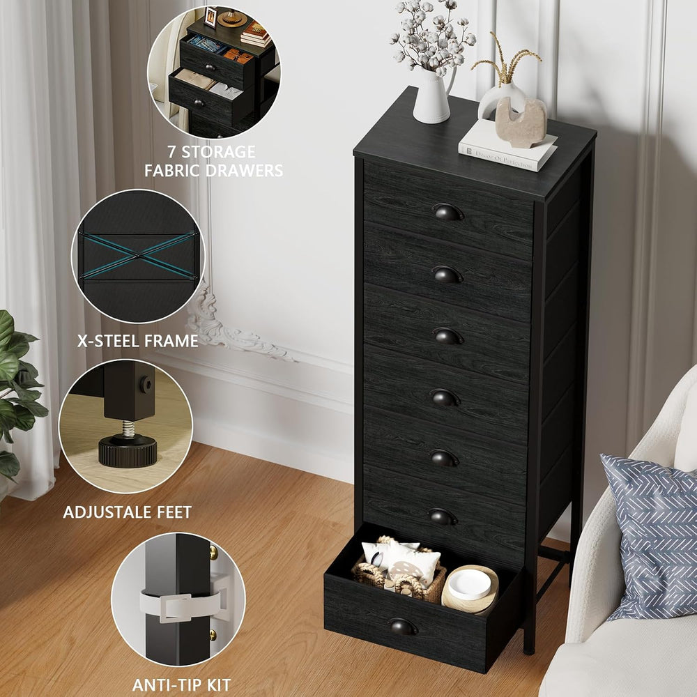 Furnulem Black Bedroom Dresser, Tall Chests of Drawers with 7 Fabric Bins