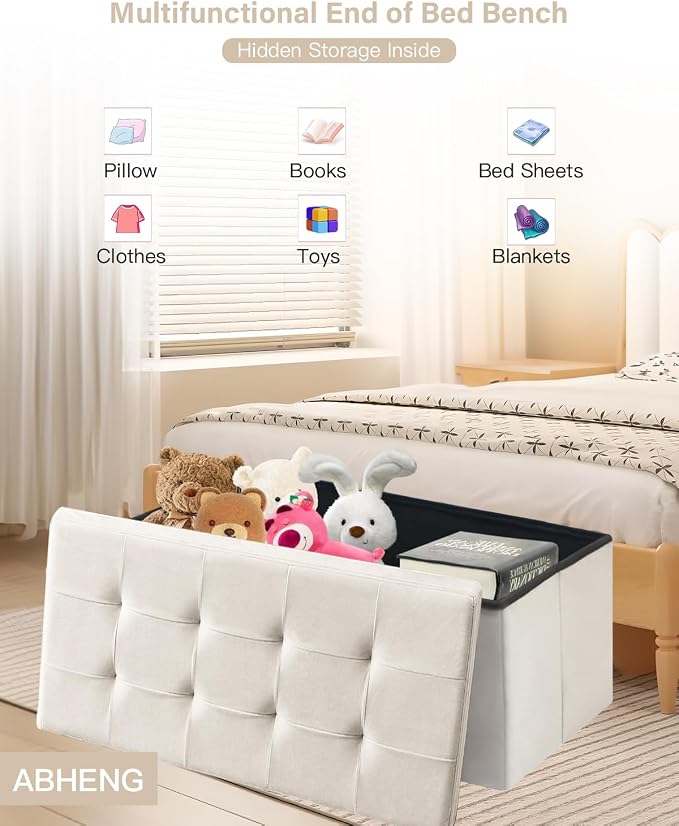 Folding Storage Ottoman, Velvet Storage Bench, Removable Divider, - Image 5