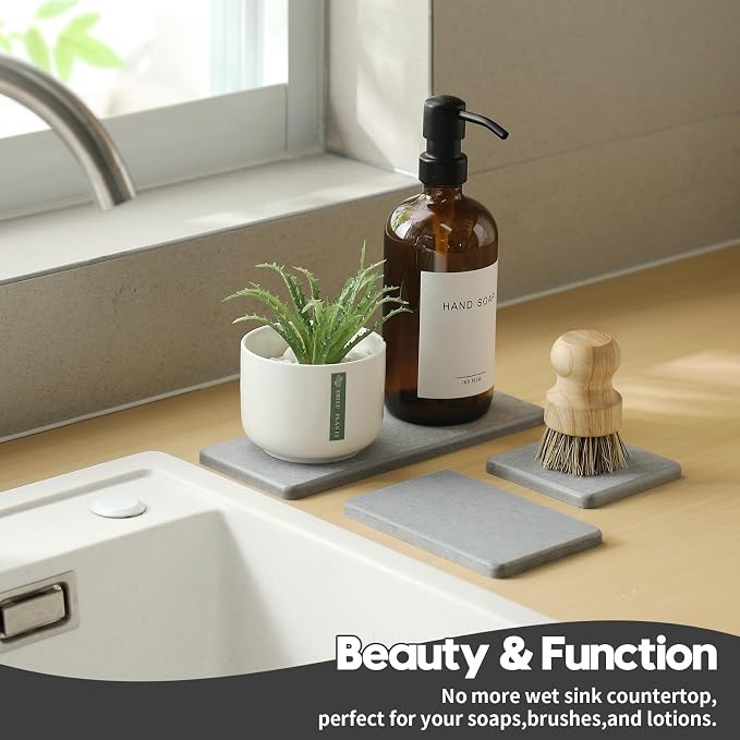 3PCS Bathroom Sink Vanity Trays, Quick Stone Drying Mat Dish Soap Dispenser - Image 4
