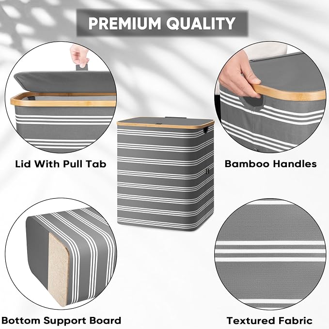 BALEINE Laundry Hamper with Lid, Tall Laundry Baskets with Bamboo Pull Handles - Image 3