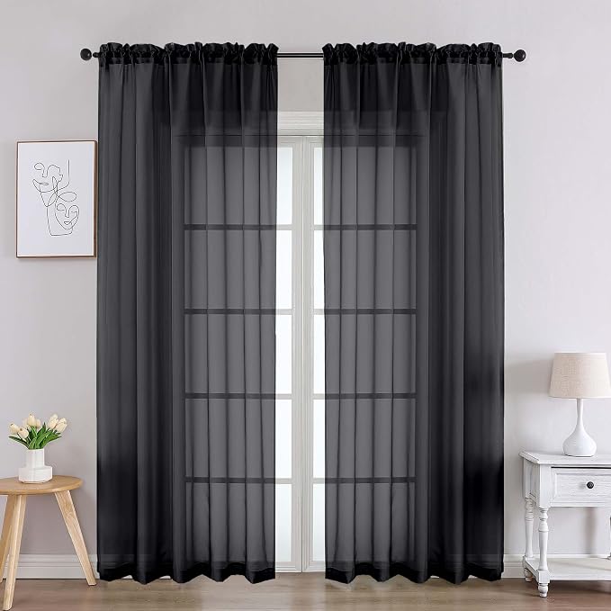 Chyhomenyc Black Sheer Curtains 84 Inches Long 2 Panels, Light Filtering Black by Chyhomenyc