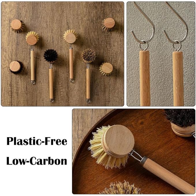 Bamboo Dish Brush with Handle, 1 Sturdy Wooden Handle with 3 Natural Bristle - Image 5