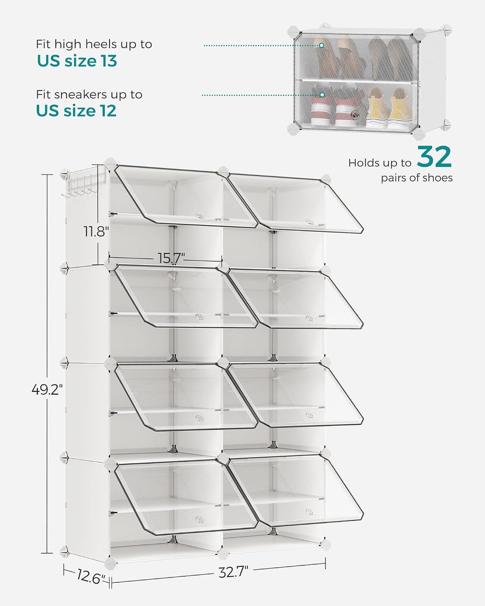 SONGMICS Shoe Rack, 8-Tier with Doors, 32-Pair Storage Cabinet