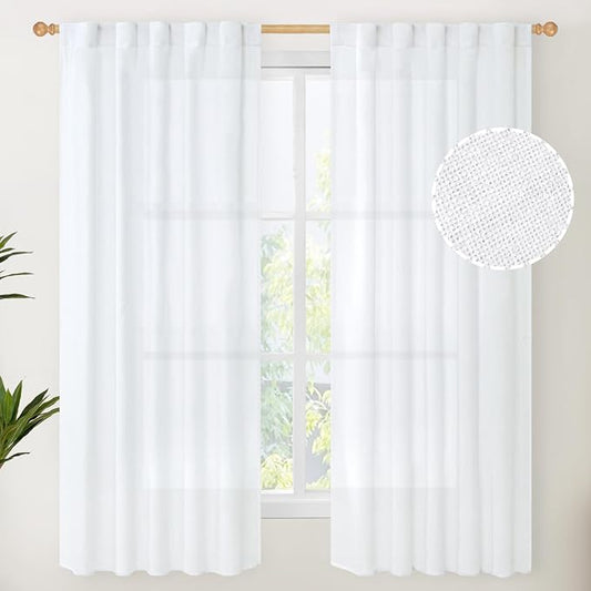 YoungsTex White Linen Semi Sheer Curtains 63 Inch Length by YoungsTex