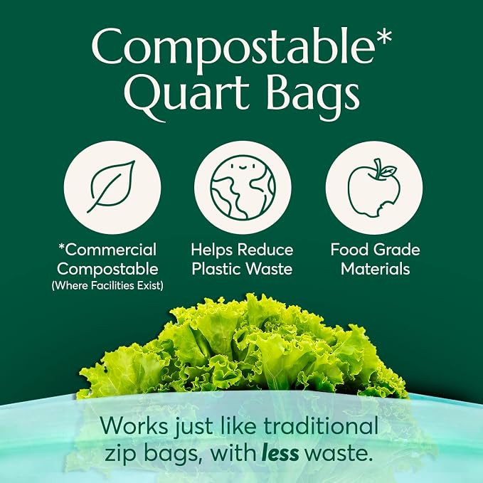 Cleanomic Compostable* Quart Size Food Storage Bags Freezer and Leak Proof - Image 2