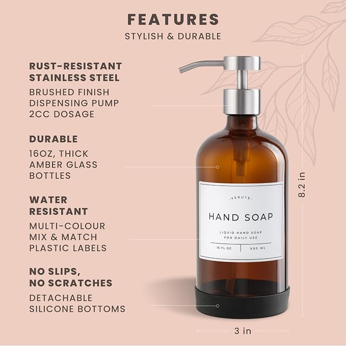 16oz Glass Soap Dispenser with Stainless Steel Pump, 21 Waterproof Labels - Image 6