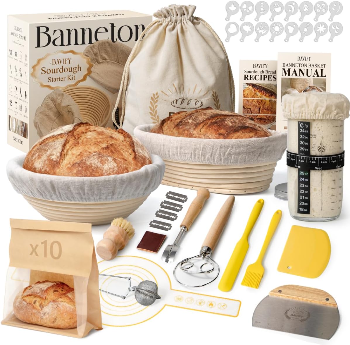 BAVIFY Sourdough Starter Kit, Banneton Bread Proofing Baskets Set | Complete Sourdough Bread Baking Supplies, Beginner Friendly, 9 in Round and 10 in Oval Rattan Banneton & 24 oz Starter Jar
