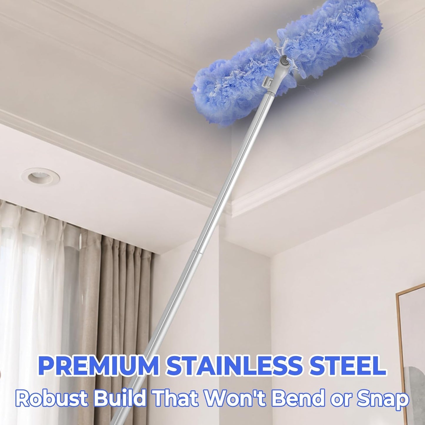 Duster Extended Handle & Long Duster, Compatible with Swiffer, 65.7" Stainless Steel Extension Pole, Locking Angle Fan Duster for Ceiling Fans, Blinds, Tall Cabinets & Home Cleaning Supplies,1 Pack