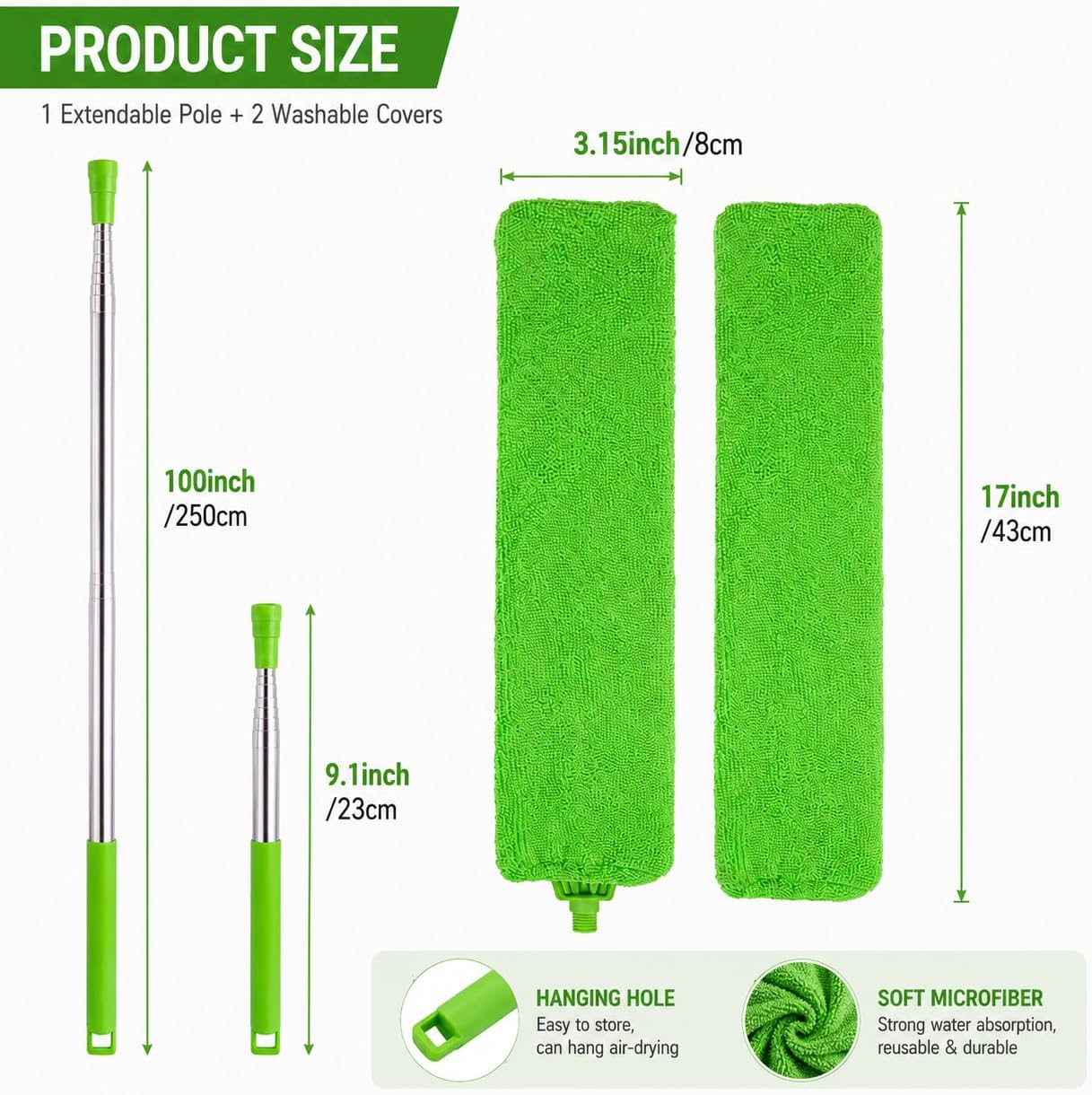 Retractable Gap Dust Cleaner Under Appliance Cleaning Tool, Flat Duster for Under Refrigerator Fridge Stove Couch Bed, Skinny Thin Duster for Tight Spaces (Green)