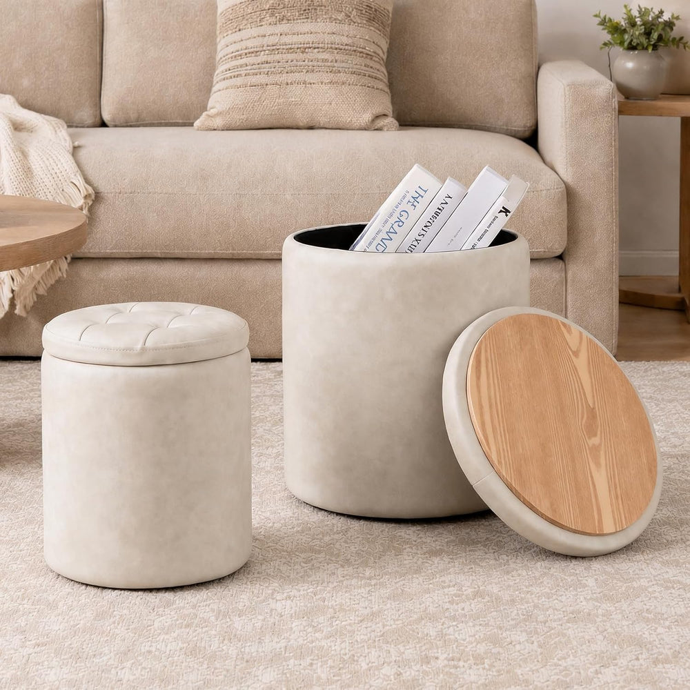 oakvivo Faux Leather Round Ottoman with Storage 12.6" W x 14.17" H ...
