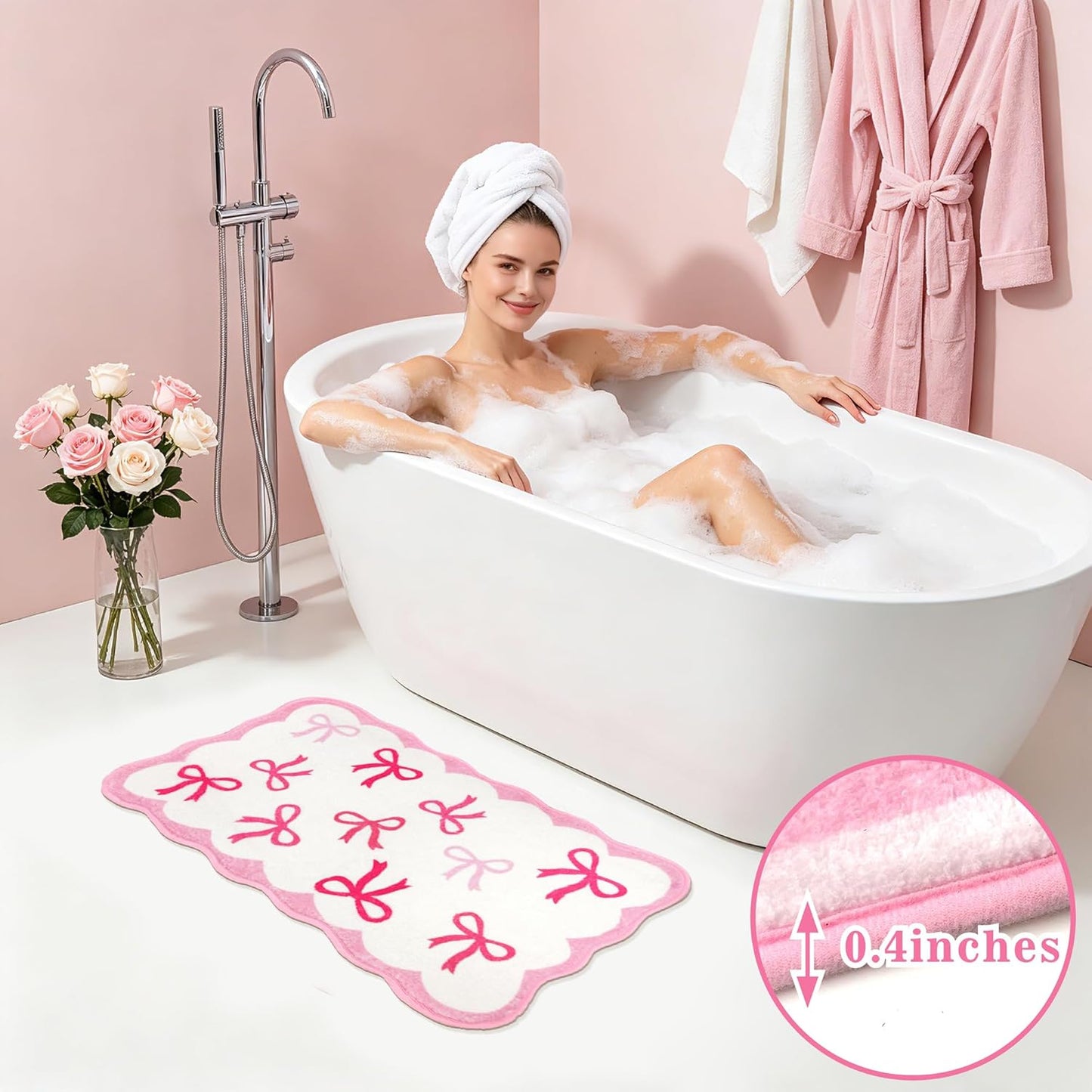 Haiddle Pink Bows Rugs Bow Mat for Bathroom Decor Scalloped Bow Rug for Girls Women Bedroom Non Slip Soft Absorbent Bath Mats Washable Coquette Mats for Bathtub Shower Floor Decoration 16.9" x 29.9"