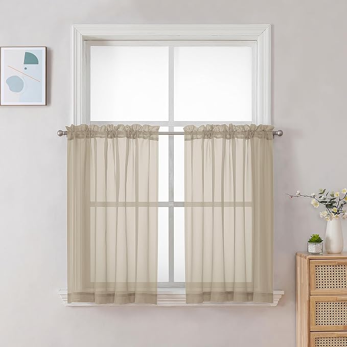Chyhomenyc Taupe Sheer Curtains 30 inch Length 2 Panels, Light Filtering Voile by Chyhomenyc