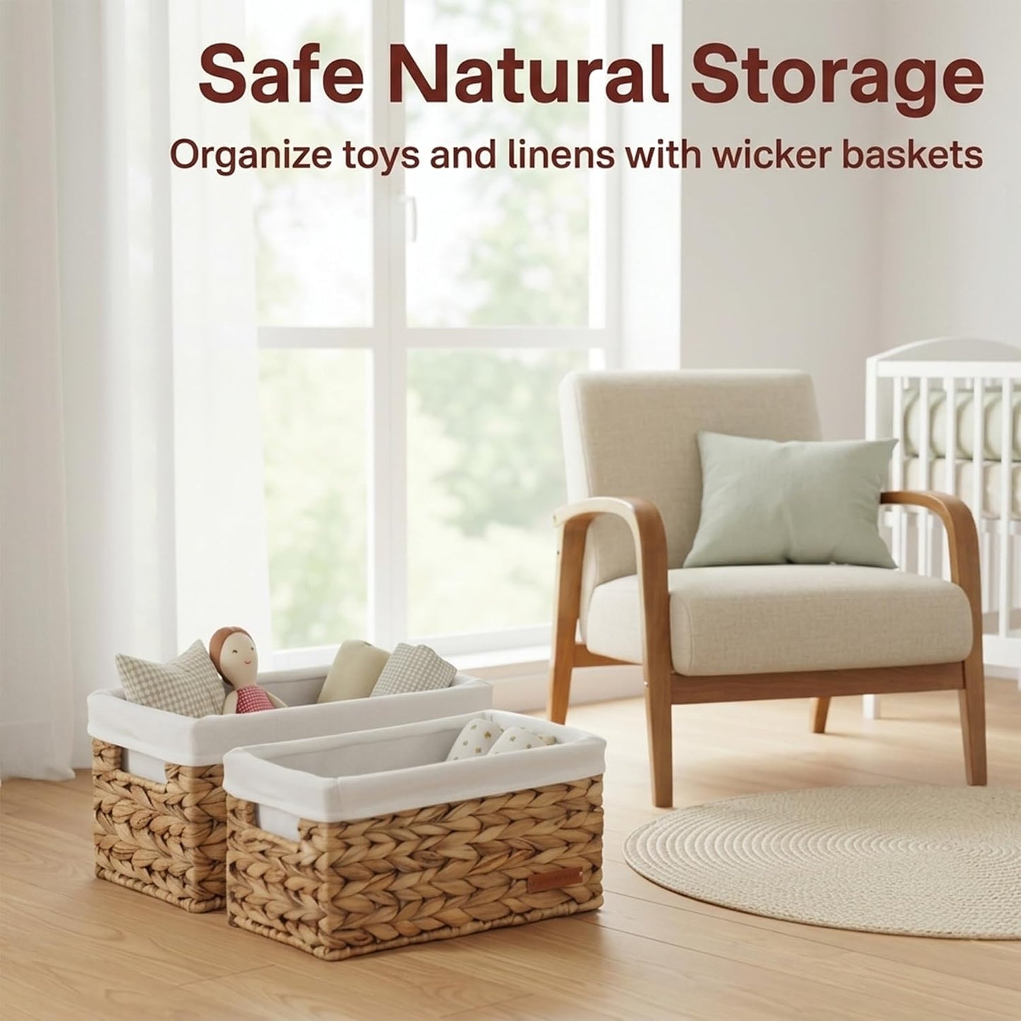 Water Hyacinth Wicker Baskets for Storage, Handwoven Rattan Shelf Basket for Organizing Pantry Closet Bedroom, 100% Natural Decorative Woven Organizer with Handles and Waterproof Canvas, 4 Pack