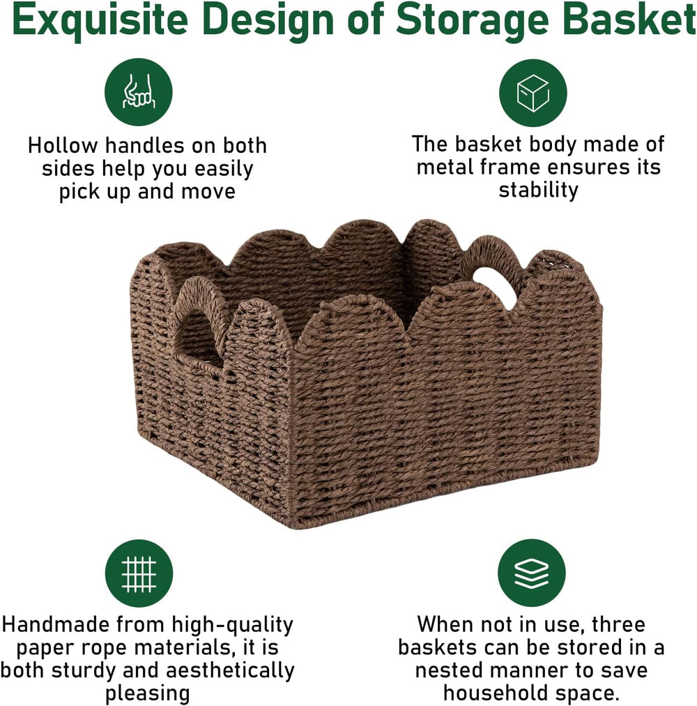 OIAHOMY Scalloped Wicker Baskets, Hand-woven Storage Baskets with Built-in Ha...