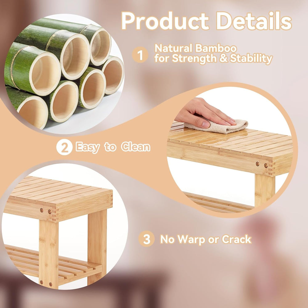 NEWBULIG Shoe Rack Bench, 3-Tier Bamboo Organizer, 11x28x18in, Wood