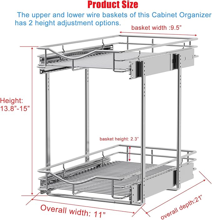 DINDON 2 Tier Pull Out Cabinet Organizer, Double Tier Wire Basket Slide Out