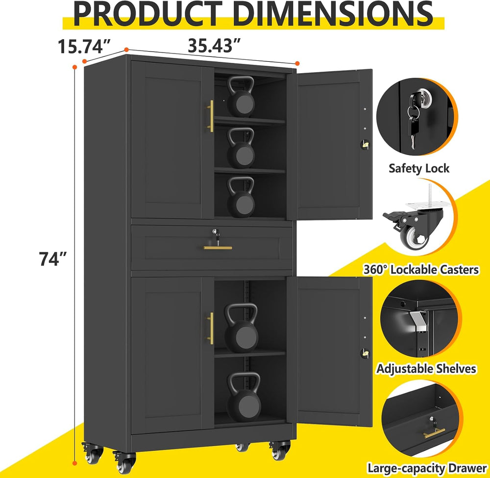 pozdeg 74" Black Lockable Rolling Metal Garage Storage Cabinet