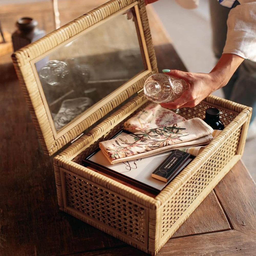 Large Handwoven Boho Rattan Display Boxes with Glass Lids Set of 2