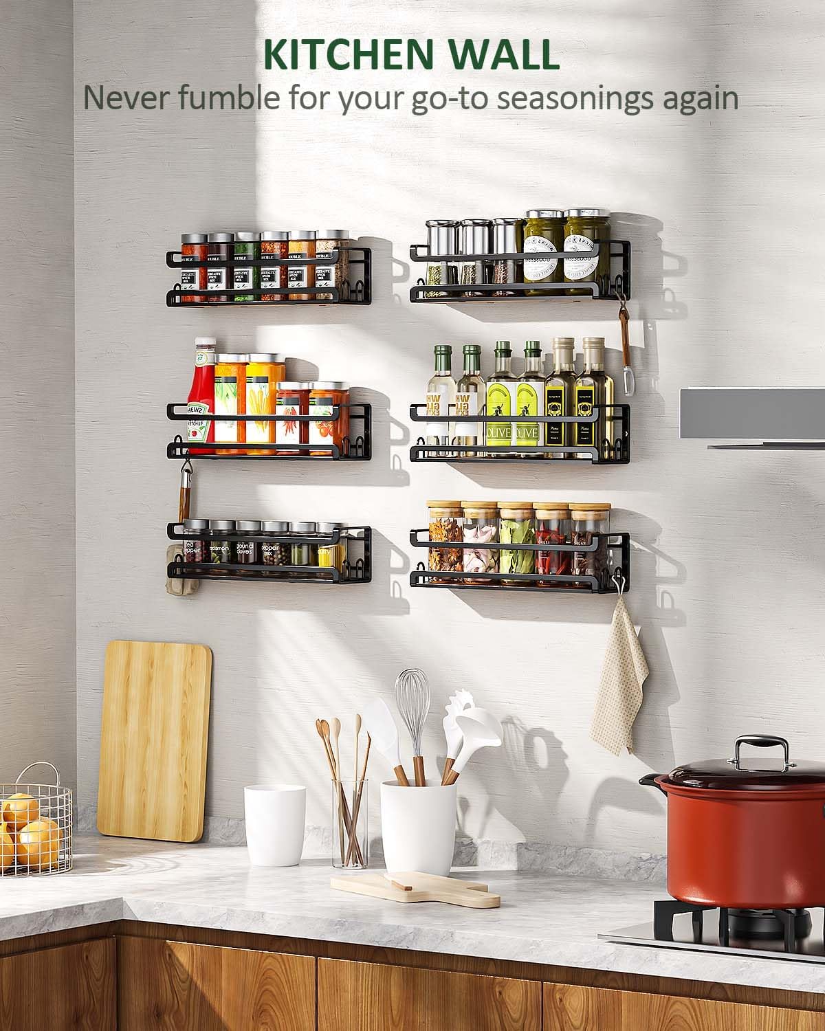 Doakhirmit Wall Mounted Spice Rack,Wooden Spice Holder Black,6 Pack | 24 Hooks,Screw or Adhesive Installation , Hanging Organizer for Stove Cabinet Pantry Door Kitchen and RV Use