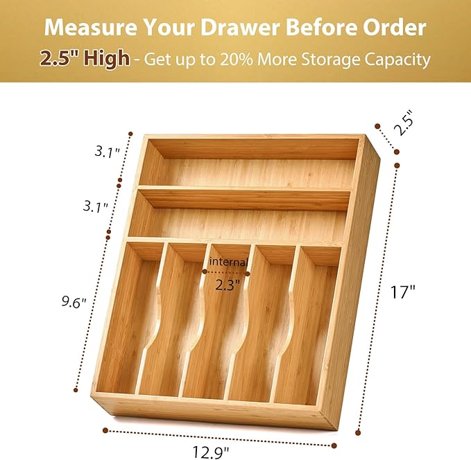 Umilife Bamboo Kitchen Drawer Organizer, 13 Inch Silverware Utensil Tray Holder - Image 3