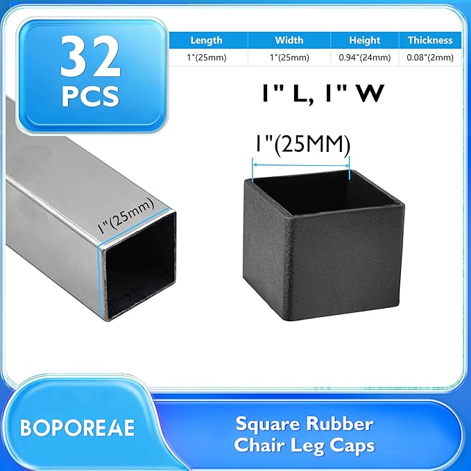 32 Pcs 1" x 1" Square Rubber Chair Leg Caps, PVC Table Leg Covers, Flexible & - Image 2