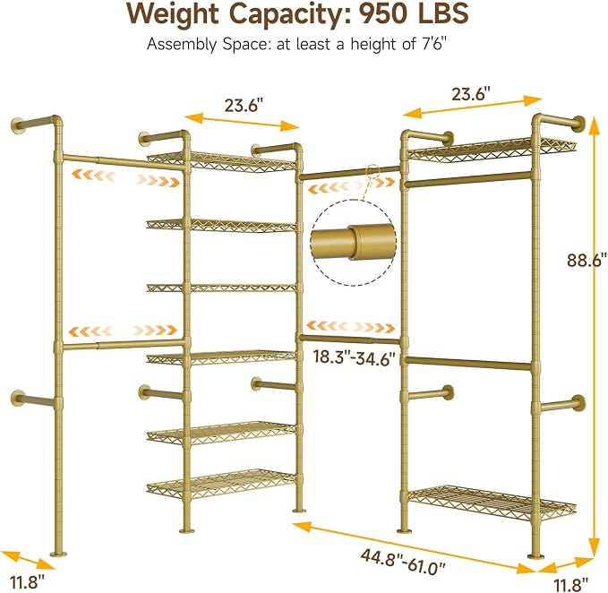 ONBRILL L4 Wall Mounted Industrial Pipe Clothing Rack, Closet Organizer System - Image 3