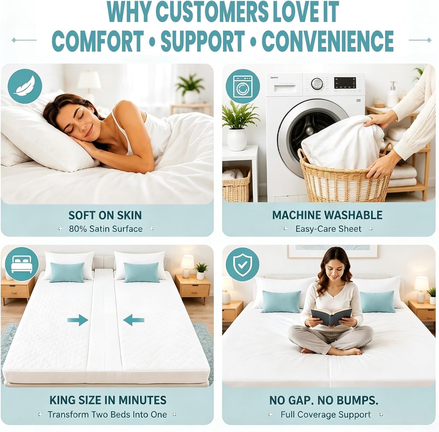 Bisenkud Twin Bed Connector Kit for King Bed, Seamlessly Join Two Twin XL Beds into One King, Bed Gap Filler with Integrated Sheet, Non-Slip Corner Straps, Washable Cover for Guest Room & RV