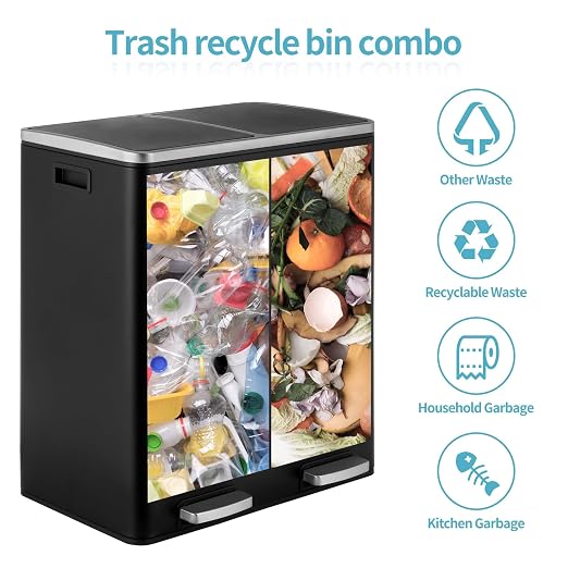 16 Gallon Rectangular Stainless Steel Trash Can, Dual Compartment Garbage Bin - Image 3