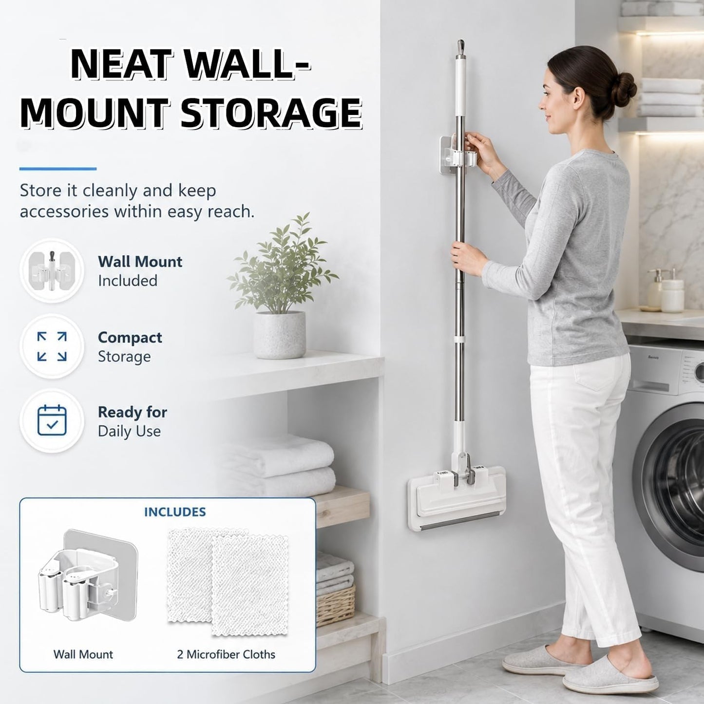 Hands-Free Multi-Purpose Flat Mop, 2026 New Hands Free Flat Mop One Click, Lazy Cleaning & Face Towel Cloth Changing Mini Mops, 360° Rotating Mops Head, for Floor, Wall, Bathroom (S(37.4in))