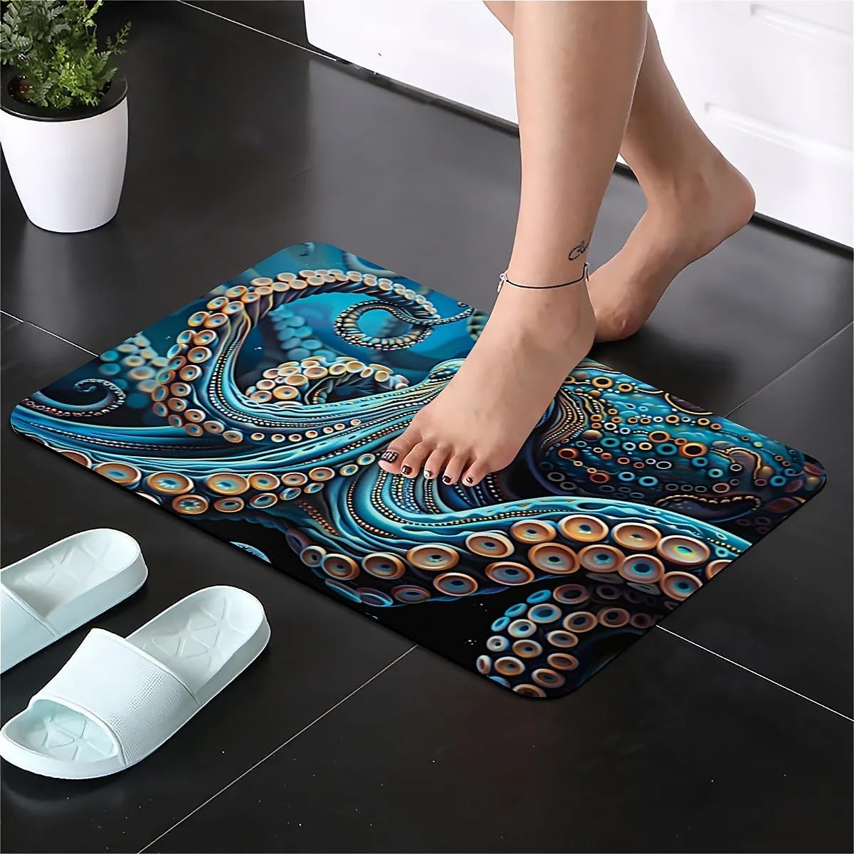 Bath Mat Rug,Blue Octopus Non Slip Quick Dry Super Absorbent Thin Bathroom Rugs Fit Under Door-Easy to Clean Bathroom Floor Mats-Shower Rug for Shower Sink Bathtub(16" x 24"in)