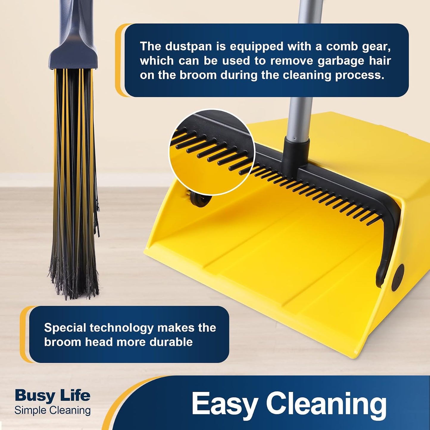 Yocada Commercial Heavy Duty Broom and Dustpan with Comb Set Indoor Outdoor for Courtyard Garage Lobby Mall Market Floor Home Kitchen Room Office Pet Hair Rubbish