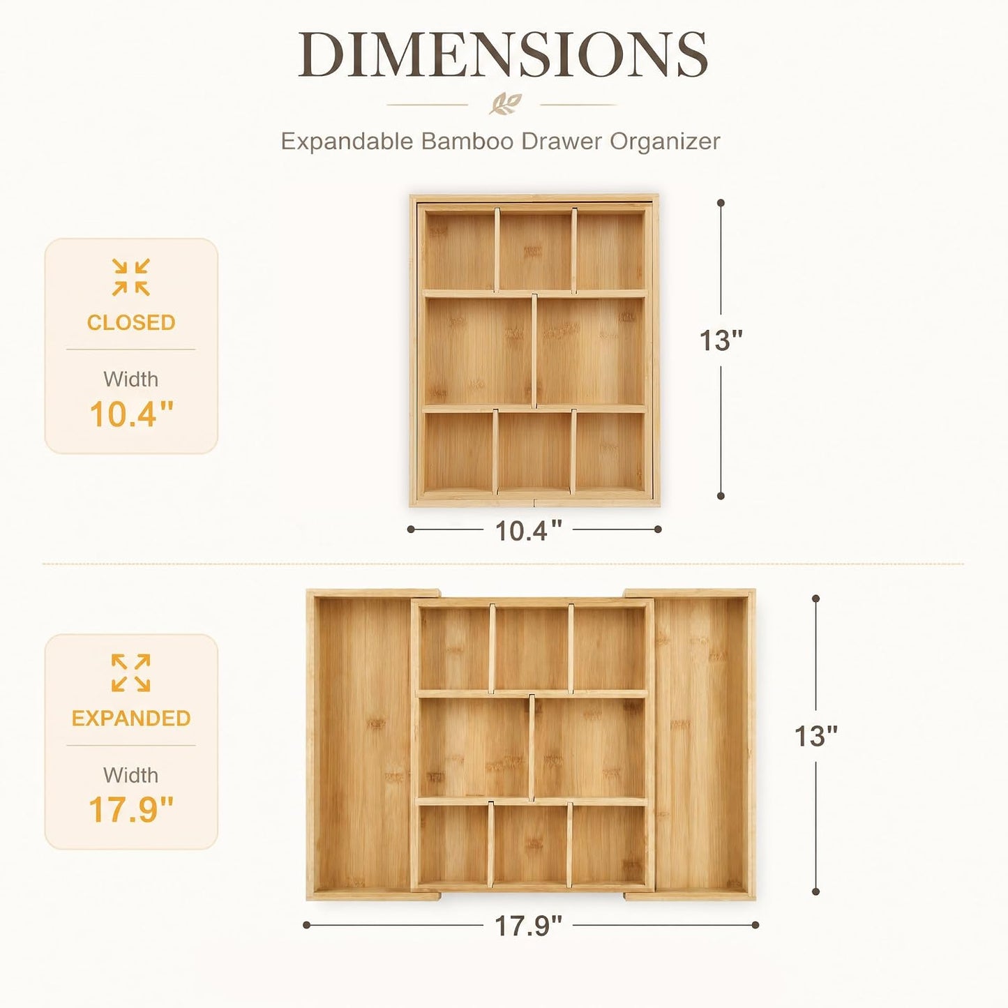 Bamboo Drawer Organizer Expandable Desk Storage Set, 10 Adjustable Compartment Junk Drawer Divider and Trays Containers for Kitchen Utensil, Office Supplies, Makeup, Jewelry & Cosmetics Organization