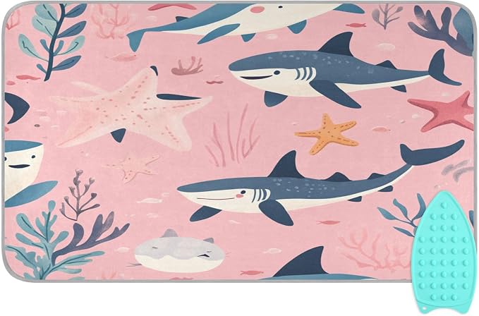 Pink Sharks Starfish and Seaweeds Ironing Mat Thickened Ironing Blanket Travel by QwThum