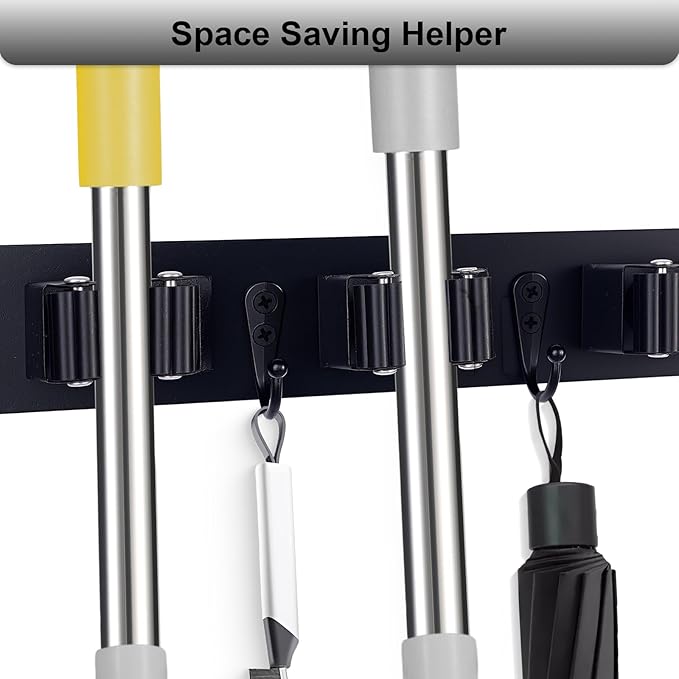 Broom Holder Wall Mount With 5 Slots & 4 Hooks，Rustic Wood Broom & Mop - Image 3