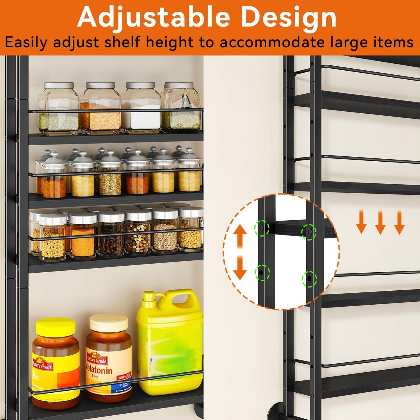 IBUYKE Over the Door Spice Organizer,Door or Wall Mount,Black TLJ028B | 6 Tier Wall Mounted Spice Rack Adjustable Hanging Storage Shelves Spice Organization for Kitchen cabinet Bathroom Closet