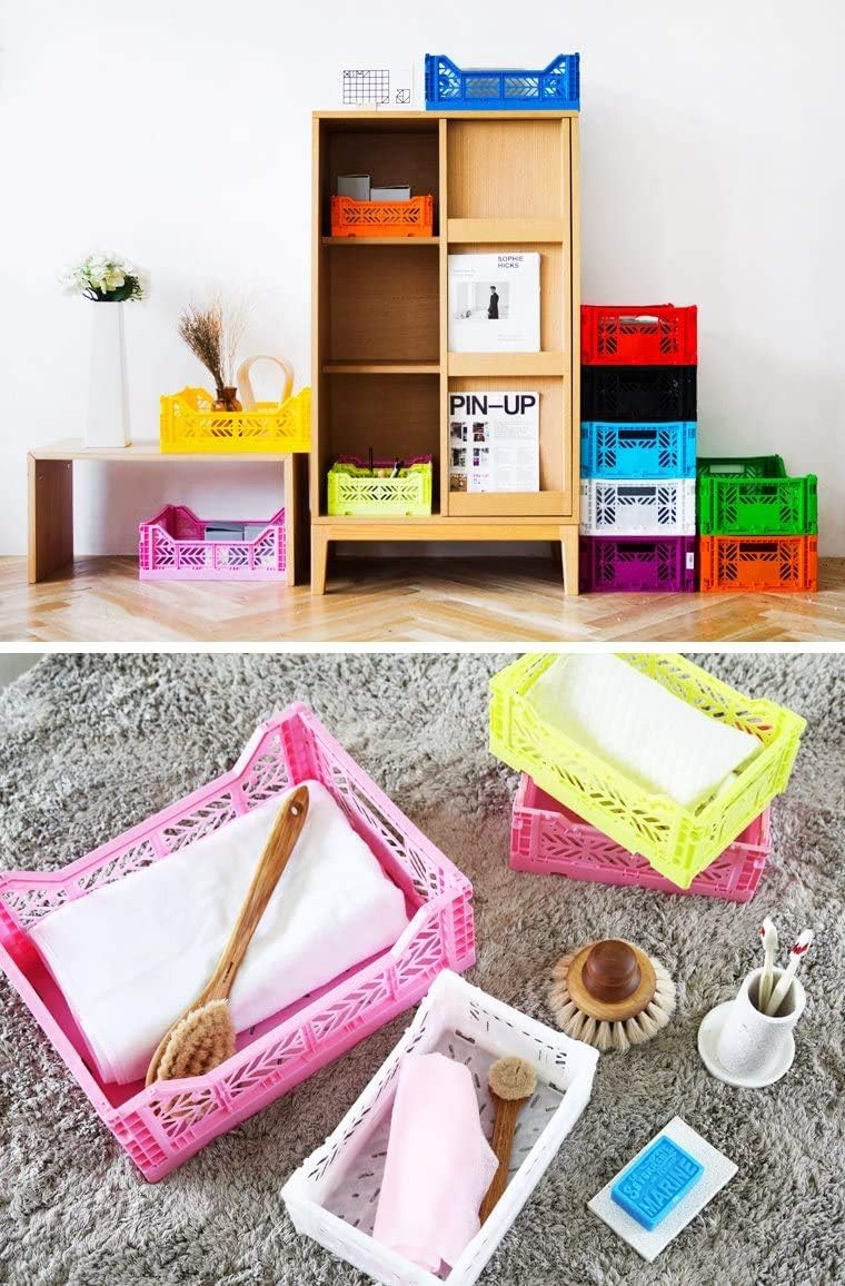 ay-kasa collapsible storage bin container basket tote, folding shown in use