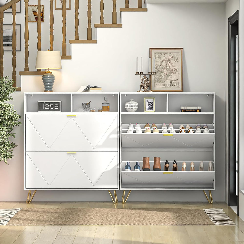 JOZZBY 46'' Tall Shoe Cabinet with 2 Flip Drawers and Open Shelves, W...