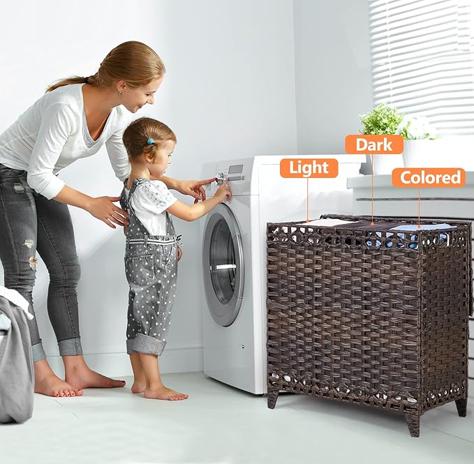 Laundry Hamper with 3 Removable Liner Bags; 132L Handwoven Rattan Laundry - Image 2