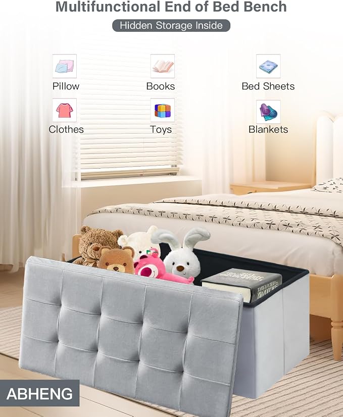 Folding Storage Ottoman, Velvet Storage Bench, Removable Divider, - Image 5