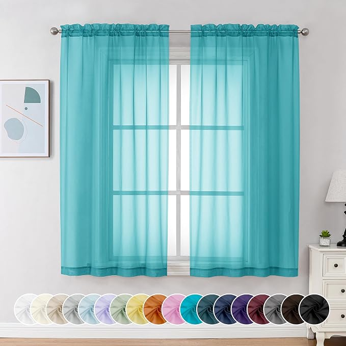 Chyhomenyc Turquoise Sheer Curtains 54 Inch Long 2 Panels, Light Filtering Rod - Image 2