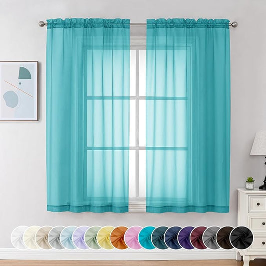 Chyhomenyc Turquoise Sheer Curtains 54 Inch Long 2 Panels, Light Filtering Rod - Image 2