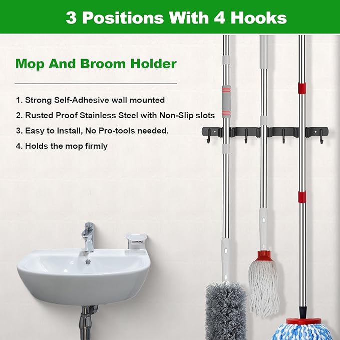 voze 3 Racks and 4 Hooks Mop and Broom Holder Wall Mount, Self Adhesive Heavy - Image 2