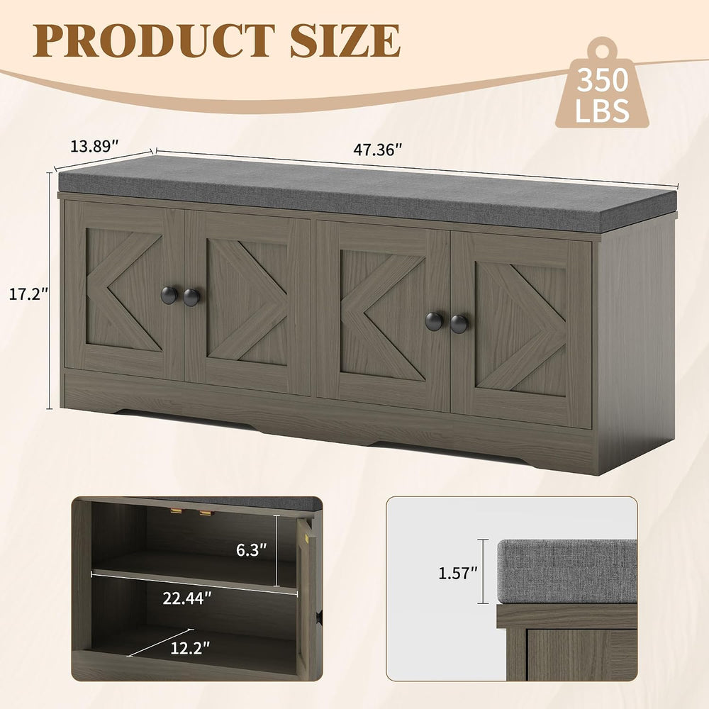 Apicizon Storage Bench with Seat Cushion, 2 Tier Entryway Bench with 4 Barn D...