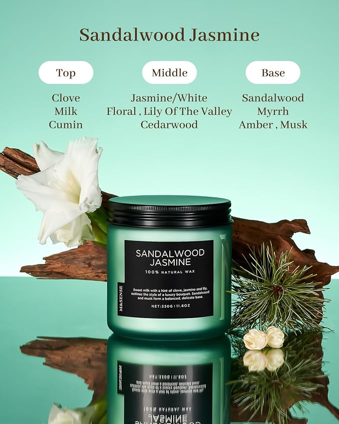 M&SENSE Sandalwood Jasmine Scented Candle, 11.6oz 70 Hours Burn Time Clean Non - Image 2