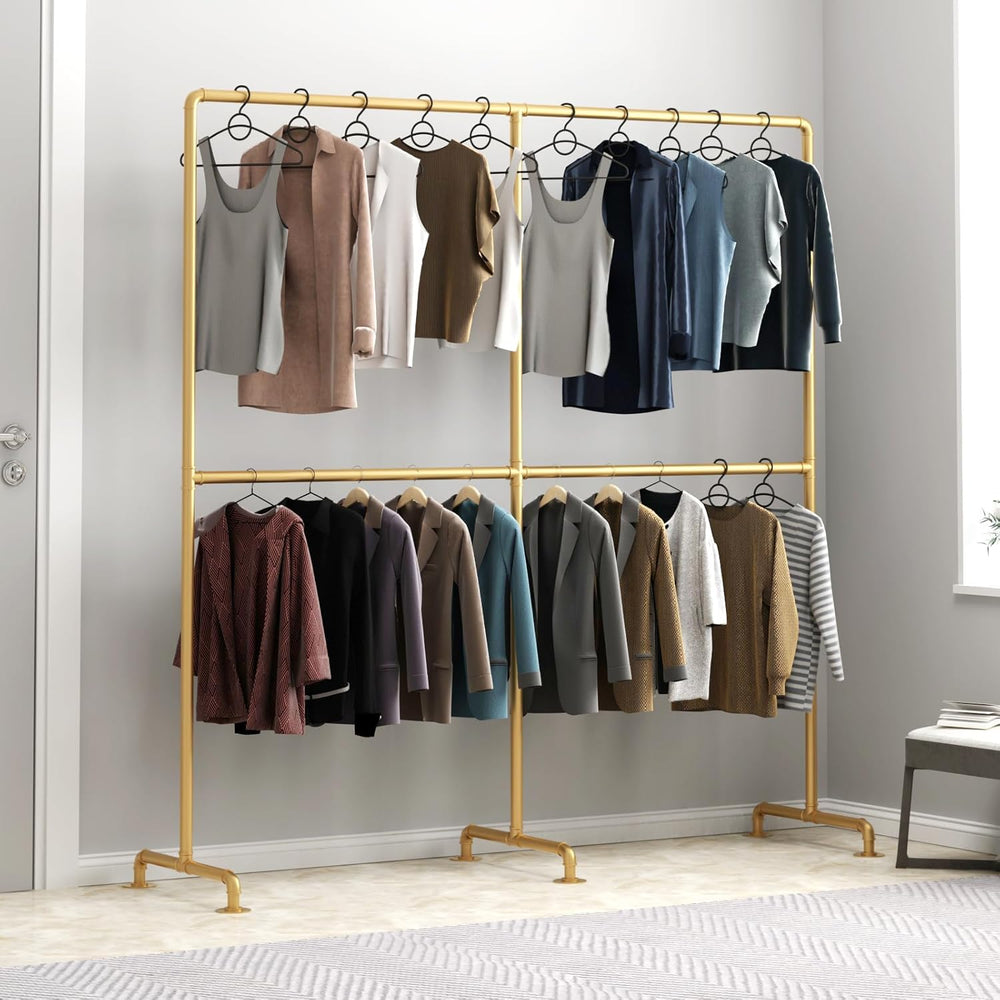 Industrial Pipe Clothing Rack, Heavy Duty Metal Clothes Rack with Double Rods...