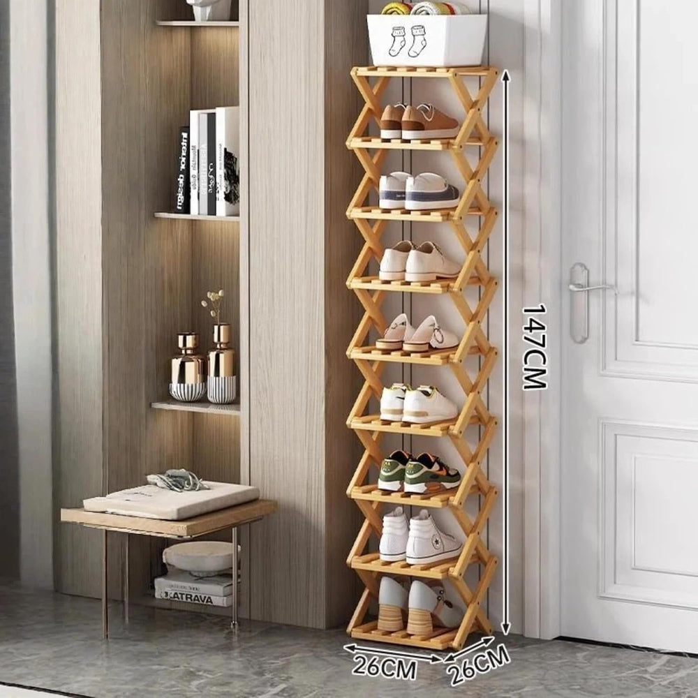 Foldable Bamboo Shoe Rack, 9-Tier No Assembly Shoe Organizer, Space-Saving Fr...