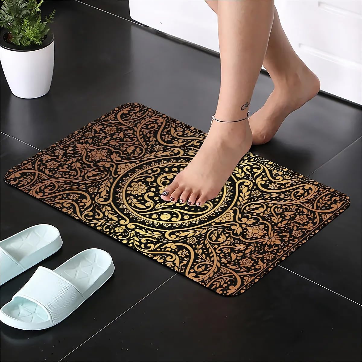 Bath Mat Rug,Black Gold Flower Non Slip Quick Dry Super Absorbent Thin Bathroom Rugs Fit Under Door-Easy to Clean Bathroom Floor Mats-Shower Rug for Shower Sink Bathtub(16" x 24"in)